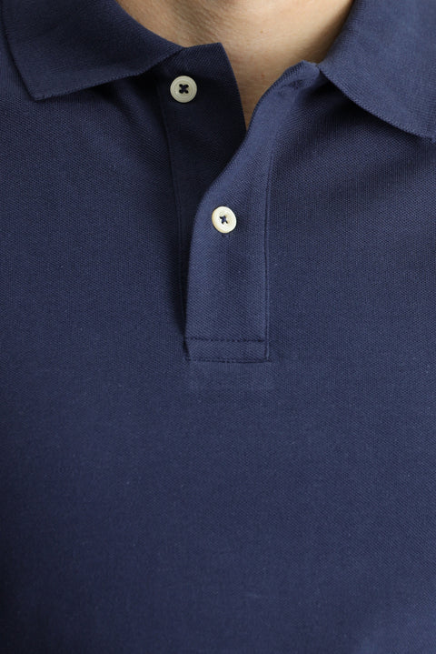 Orta Lacivert Polo Yaka Slim Fit Nakışlı %100 Pamuk Tişört