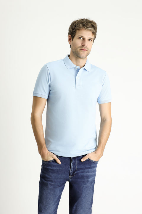 Açık Mavi Polo Yaka Slim Fit Nakışlı %100 Pamuk Tişört