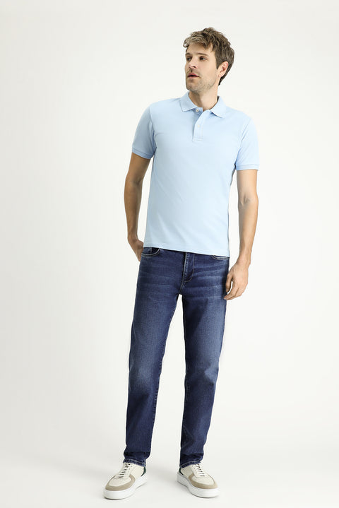 Açık Mavi Polo Yaka Slim Fit Nakışlı %100 Pamuk Tişört