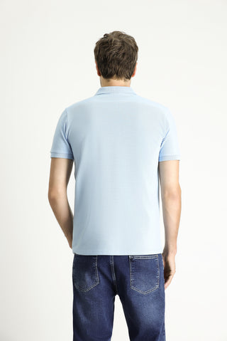  Açık Mavi Polo Yaka Slim Fit Nakışlı %100 Pamuk Tişört