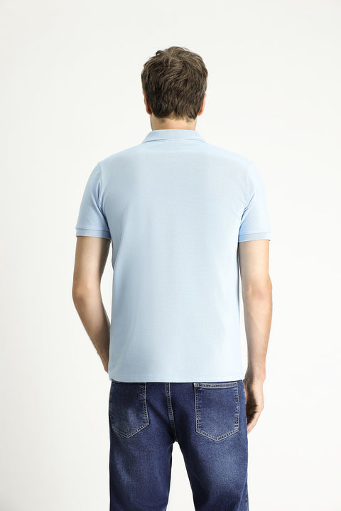 Açık Mavi Polo Yaka Slim Fit Nakışlı %100 Pamuk Tişört