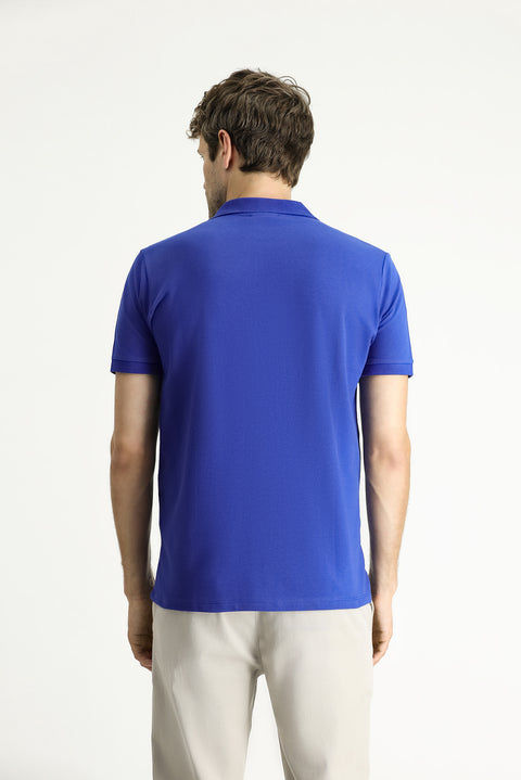 Koyu İndigo Polo Yaka Slim Fit Nakışlı %100 Pamuk Tişört