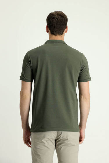Orta Haki Slim Fit Dar Kesim Nakışlı Pamuk Polo Yaka Tişört