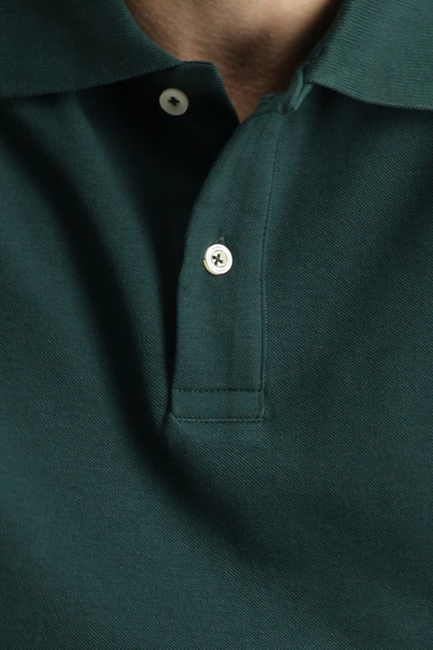 Koyu Yeşil Polo Yaka Slim Fit Nakışlı %100 Pamuk Tişört