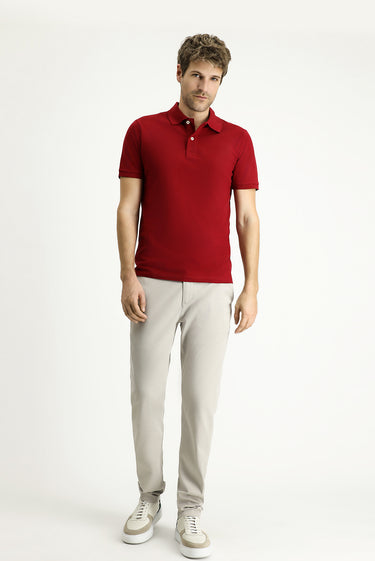  Koyu Kırmızı Slim Fit Dar Kesim Nakışlı Pamuk Polo Yaka Tişört