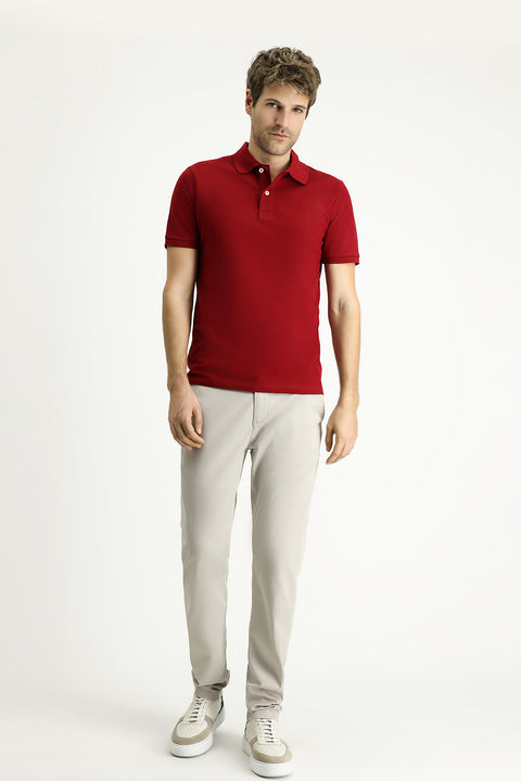 Koyu Kırmızı Polo Yaka Slim Fit Nakışlı %100 Pamuk Tişört