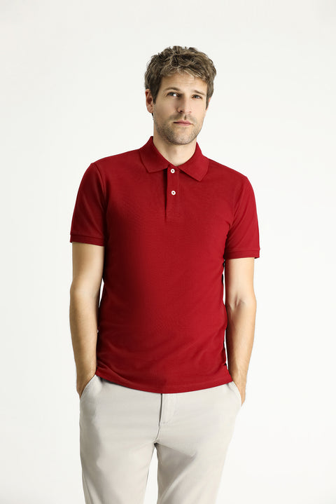 Koyu Kırmızı Polo Yaka Slim Fit Nakışlı %100 Pamuk Tişört