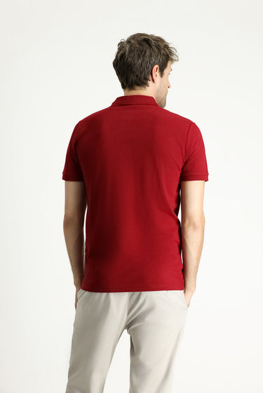  Koyu Kırmızı Slim Fit Dar Kesim Nakışlı Pamuk Polo Yaka Tişört