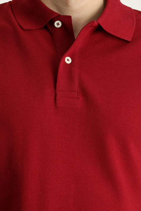 Koyu Kırmızı Polo Yaka Slim Fit Nakışlı %100 Pamuk Tişört