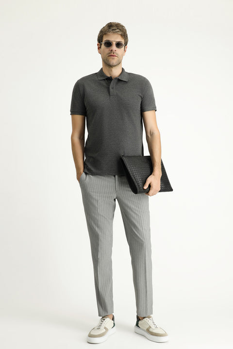 Koyu Antrasit Polo Yaka Slim Fit Nakışlı %100 Pamuk Tişört