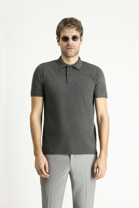 Koyu Antrasit Polo Yaka Slim Fit Nakışlı %100 Pamuk Tişört