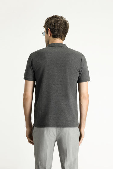 Koyu Antrasit Slim Fit Dar Kesim Nakışlı Pamuk Polo Yaka Tişört