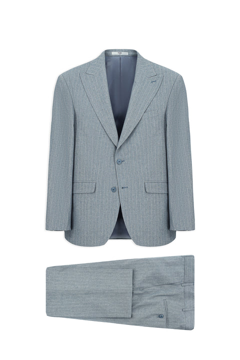 Koyu Mavi  6 Drop Regular Fit Standart Kesim Sivri Yaka Çizgili Takım Elbise