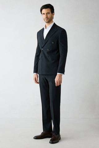  Koyu Lacivert 7 Drop Slim Fit Dar Kesim Sivri Yaka Kruvaze Beli Lastikli Çizgili Takım Elbise