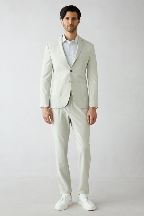 Ekru 8 Drop Long Slim Fit Uzun Dar Kesim Beli Lastikli Desenli Takım Elbise