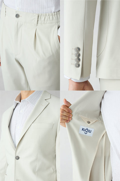 Ekru 8 Drop Long Slim Fit Uzun Dar Kesim Beli Lastikli Desenli Takım Elbise