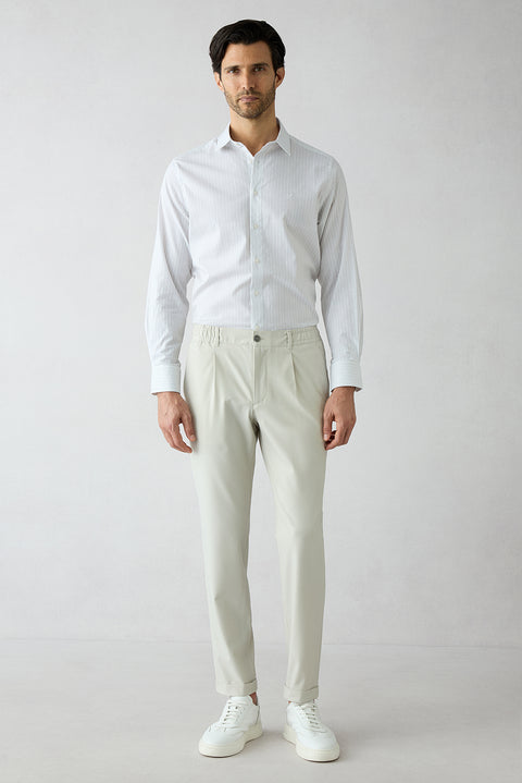 Ekru 8 Drop Long Slim Fit Uzun Dar Kesim Beli Lastikli Desenli Takım Elbise
