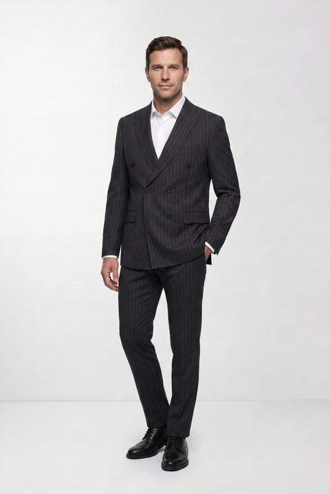 Dark Charcoal 7 Drop Slim Fit Peak Lapel Striped Double Breasted Suit