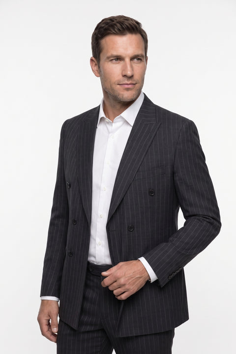 Dark Charcoal 7 Drop Slim Fit Peak Lapel Striped Double Breasted Suit