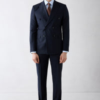 Mid-Navy 6-Drop Regular Fit Standard Cut Pointed Collar Striped Double-Breasted Suit