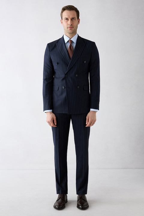 Mid-Navy 6-Drop Regular Fit Standard Cut Pointed Collar Striped Double-Breasted Suit