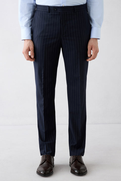 Mid-Navy 6-Drop Regular Fit Standard Cut Pointed Collar Striped Double-Breasted Suit