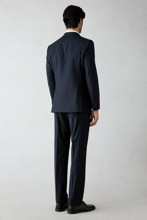 Dark Navy 6-Drop Regular Fit Standard Cut Pointed Collar Striped Double-Breasted Suit