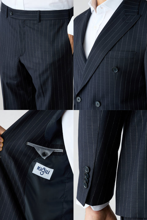 Dark Navy 6-Drop Regular Fit Standard Cut Pointed Collar Striped Double-Breasted Suit