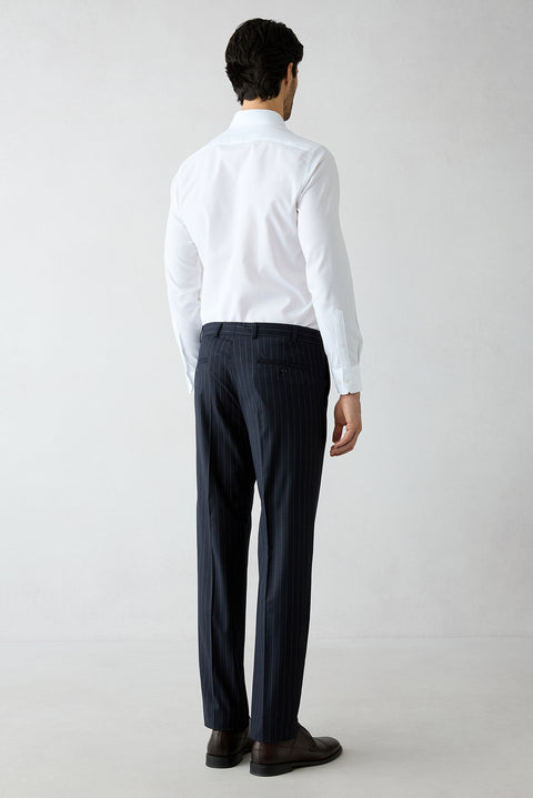 Dark Navy 6-Drop Regular Fit Standard Cut Pointed Collar Striped Double-Breasted Suit