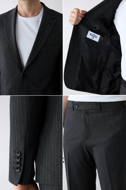 Siyah 4 Drop Relaxed Fit Rahat Kesim Mono Yaka Çizgili Takım Elbise