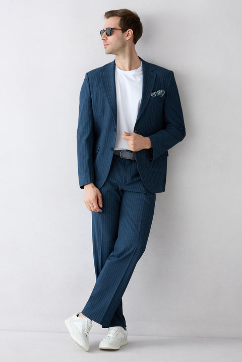 Orta Lacivert 4 Drop Relaxed Fit Rahat Kesim Mono Yaka Çizgili Takım Elbise