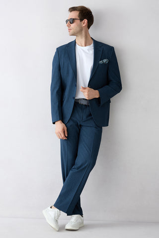  Orta Lacivert 4 Drop Relaxed Fit Rahat Kesim Mono Yaka Çizgili Takım Elbise