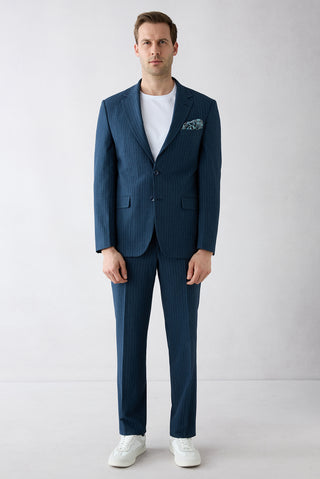  Orta Lacivert 4 Drop Relaxed Fit Rahat Kesim Mono Yaka Çizgili Takım Elbise