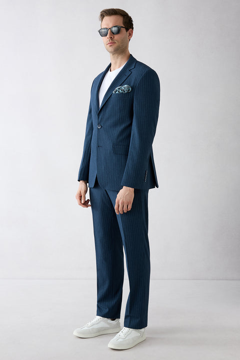 Mid Navy 4-Drop Relaxed Fit Shawl Lapel Striped Suit