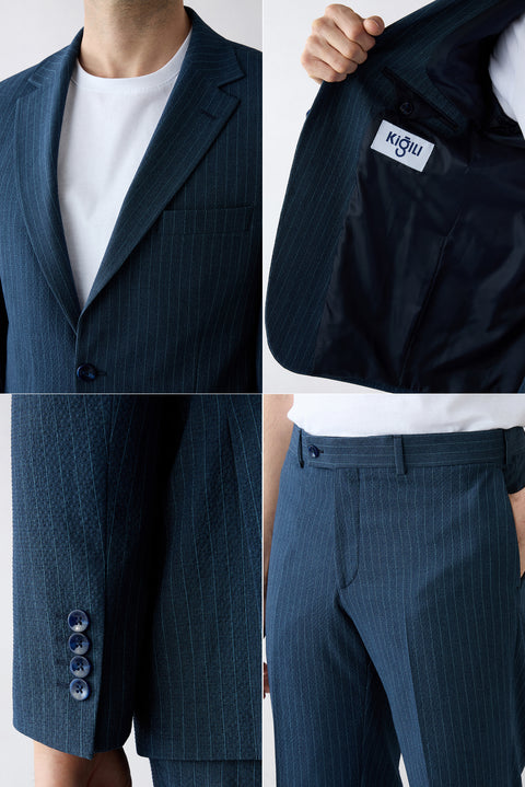 Mid Navy 4-Drop Relaxed Fit Shawl Lapel Striped Suit