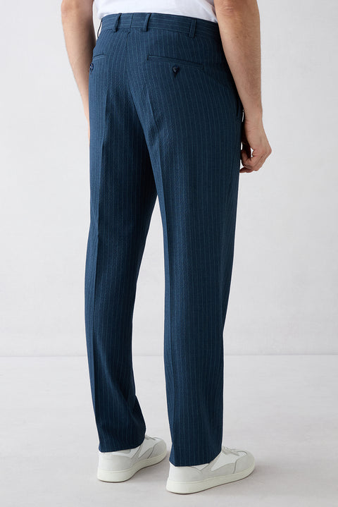 Orta Lacivert 4 Drop Relaxed Fit Rahat Kesim Mono Yaka Çizgili Takım Elbise