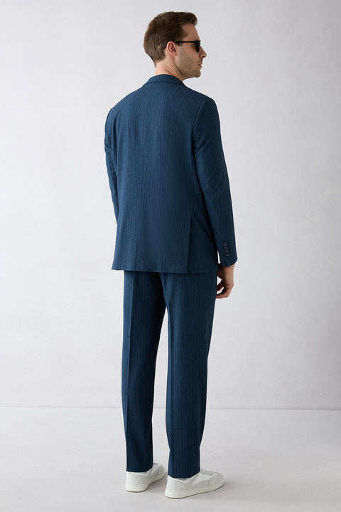 Orta Lacivert 7 Drop Slim Fit Dar Kesim Mono Yaka Çizgili Takım Elbise
