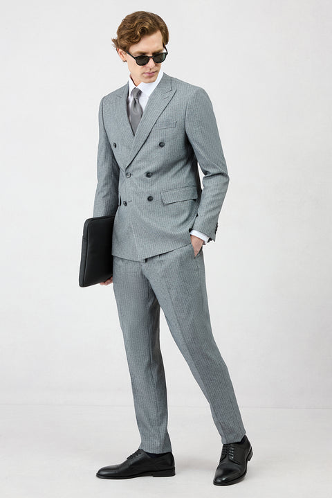 Koyu Füme 7 Drop Slim Fit Dar Kesim Sivri Yaka Beli Lastikli İpli Çizgili Kruvaze Takım Elbise