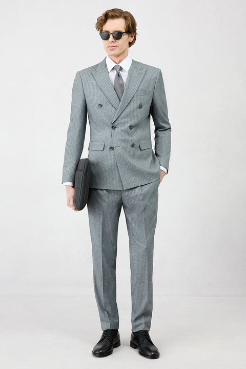 Koyu Füme 7 Drop Slim Fit Dar Kesim Sivri Yaka Beli Lastikli İpli Çizgili Kruvaze Takım Elbise