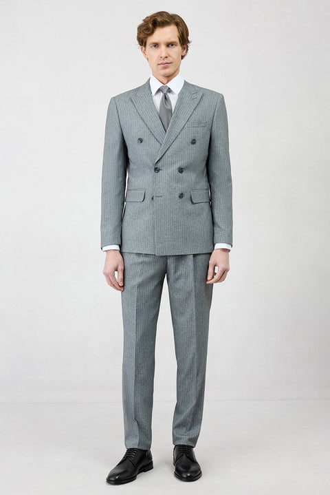 Koyu Füme 7 Drop Slim Fit Dar Kesim Sivri Yaka Beli Lastikli İpli Çizgili Kruvaze Takım Elbise
