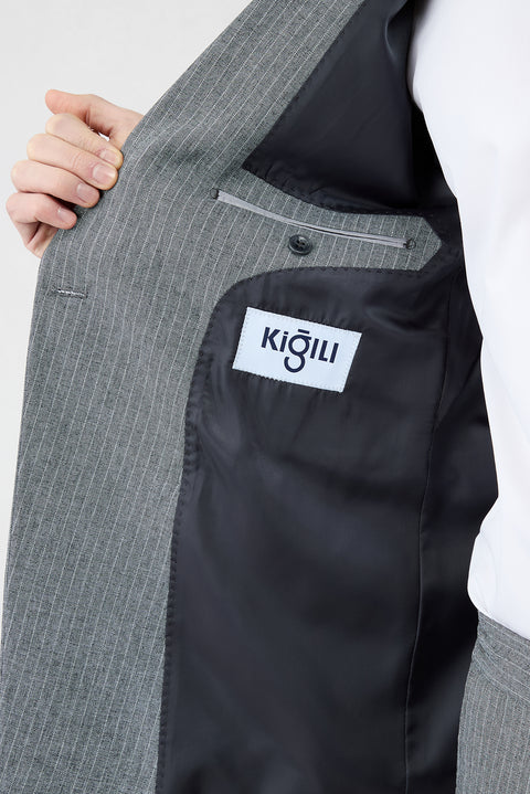 Koyu Füme 7 Drop Slim Fit Dar Kesim Sivri Yaka Beli Lastikli İpli Çizgili Kruvaze Takım Elbise