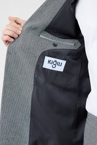  Koyu Füme 7 Drop Slim Fit Dar Kesim Sivri Yaka Beli Lastikli İpli Çizgili Kruvaze Takım Elbise