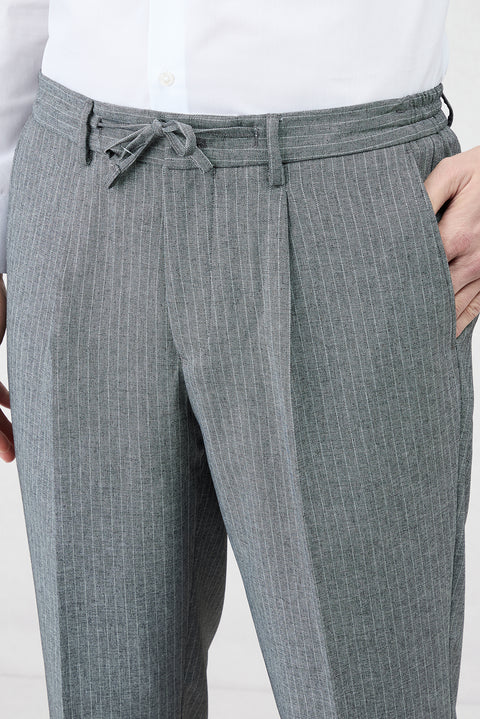 Koyu Füme 7 Drop Super Slim Fit Eksra Dar Kesim Sivri Yaka Beli Lastikli İpli Çizgili Kruvaze Takım Elbise