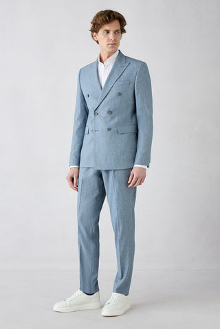  Koyu Mavi  7 Drop Super Slim Fit Eksra Dar Kesim Sivri Yaka Beli Lastikli İpli Çizgili Kruvaze Takım Elbise