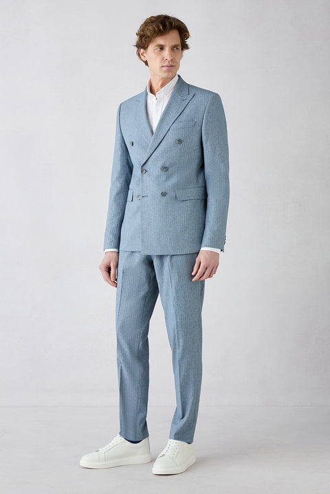 Koyu Mavi  7 Drop Super Slim Fit Eksra Dar Kesim Sivri Yaka Beli Lastikli İpli Çizgili Kruvaze Takım Elbise