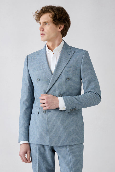 Dark Blue 7 Drop Slim Fit Pointed Lapel Elasticated Waist Drawstring Striped Double Breasted Suit