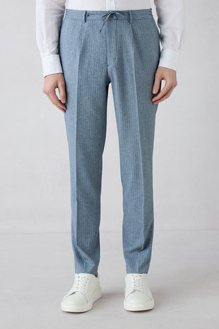  Koyu Mavi  7 Drop Super Slim Fit Eksra Dar Kesim Sivri Yaka Beli Lastikli İpli Çizgili Kruvaze Takım Elbise