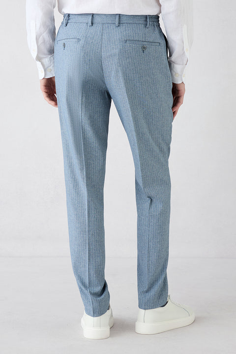 Koyu Mavi  7 Drop Super Slim Fit Eksra Dar Kesim Sivri Yaka Beli Lastikli İpli Çizgili Kruvaze Takım Elbise