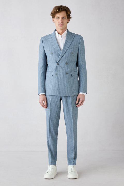 Koyu Mavi  7 Drop Super Slim Fit Eksra Dar Kesim Sivri Yaka Beli Lastikli İpli Çizgili Kruvaze Takım Elbise