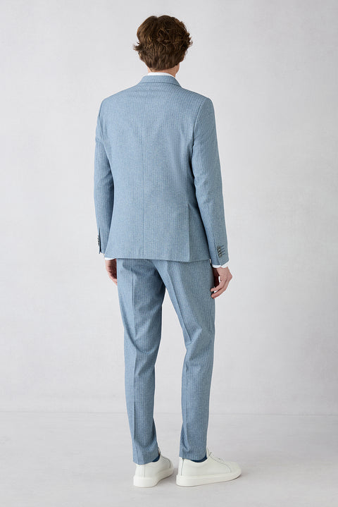 Koyu Mavi  7 Drop Super Slim Fit Eksra Dar Kesim Sivri Yaka Beli Lastikli İpli Çizgili Kruvaze Takım Elbise